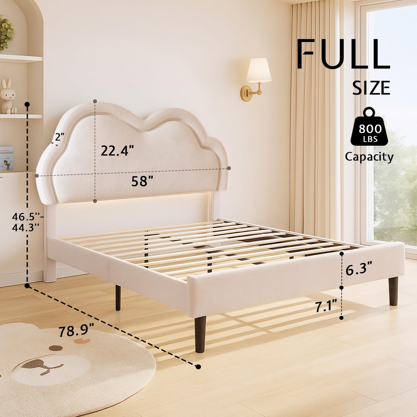 Jocisland Full Bed Frame for Girls with Adjustable Cloud Headboard, Velvet Upholstered & RGB Lights, 7.1" Underbed Storage, No Box Spring Needed, Cream