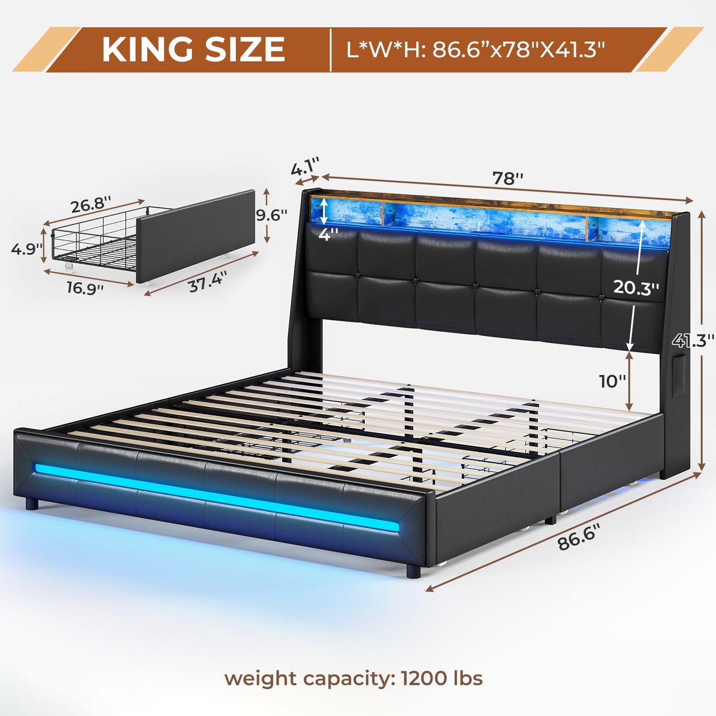 MSmask King Size Bed Frame with 4 Storage Drawers, Charging Station and LED Lights, Upholstered Bed Frame with Button Tufted Wingback Headboard, LED Bed King Size, No Box Spring Needed, Black