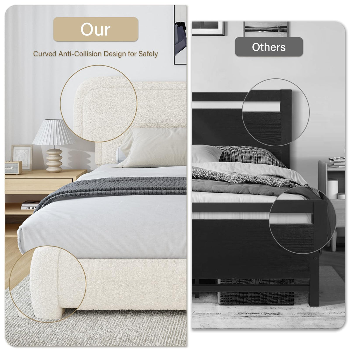 Twin Size Bed Frame, Boucle Upholstered Platform Bed Frame with Headboard, Modern Style, Soft Rounded Corners, No Box Spring Required, Easy Assembly, Cream