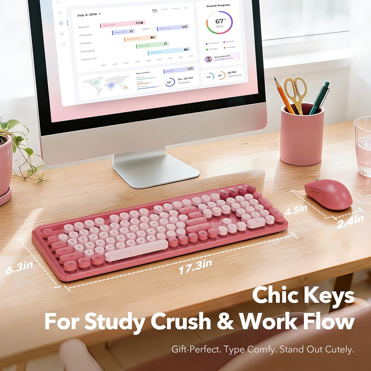 Wireless Keyboard and Mouse Combo, Rose, Round Keycaps, Phone/Tablet Holder