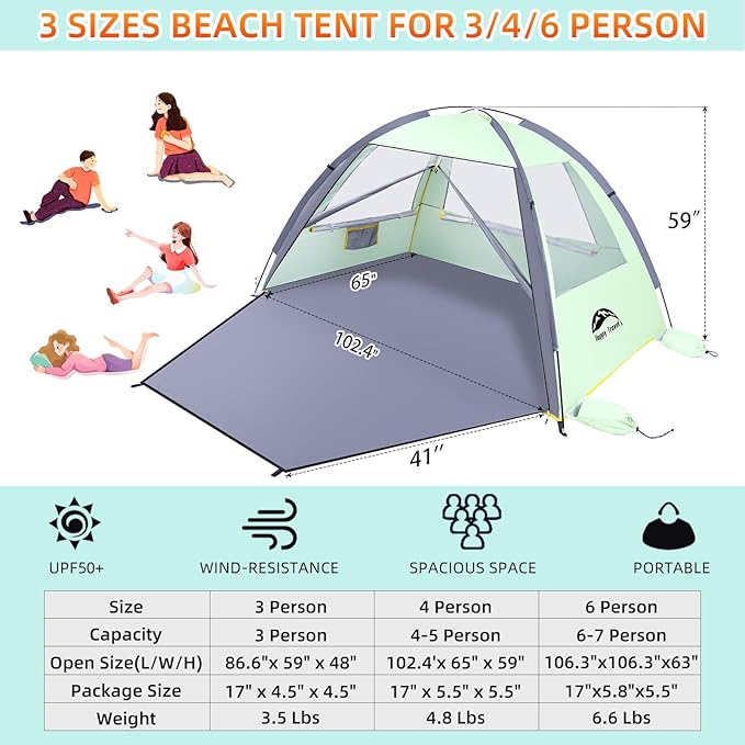 Happy Travel Beach Tent Sun Shelter for 3/4/5/6/7/8 Person, Portable UPF 50+ UV Protection Beach Shade Canopy for Family & Baby, Lightweight & Easy Setup Beach Cabana with 3 Ventilation Mesh Windows