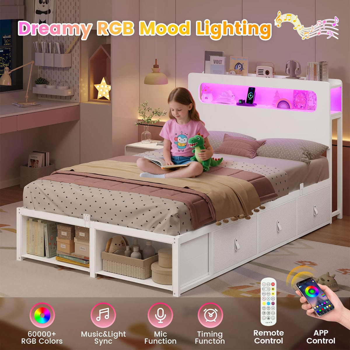 ADORNEVE Twin Bed Frame with 6 Storage Drawers & 2-Tier LED Headboard – Kids Girls Bed with Power Outlets & RGB Lights, 2 Footboard Cubbies– Space-Saving No Box Spring Neded, White