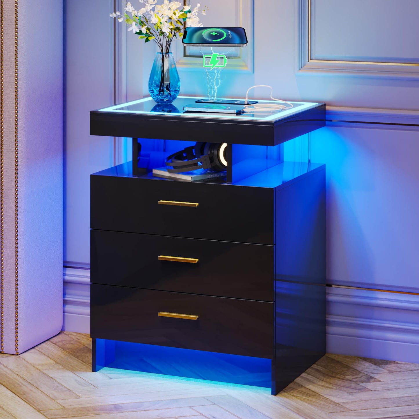 Lvifur 2 Set Nightstands with Wireless Charging Station, Auto Sensor 3 Color Dimmable LED Night Stand, Modern Bedside Table with 3 Drawers & 3 Open Compartments (2 x Black)