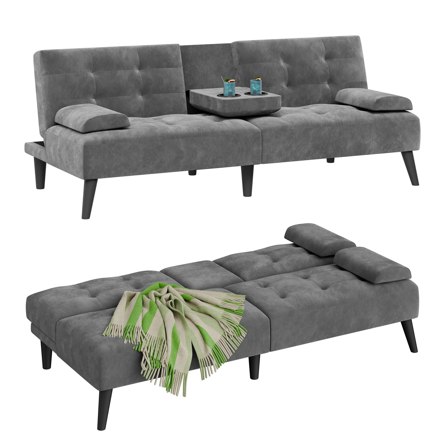 JAMFLY Sofa Bed Futon Couches, Modern Convertible Folding Loveseat - Multi-Functional Recliner with 3-Angle Adjustment, Detachable Armrests with Cup Holders - Ideal for Small Spaces, Dark Drey Velvet