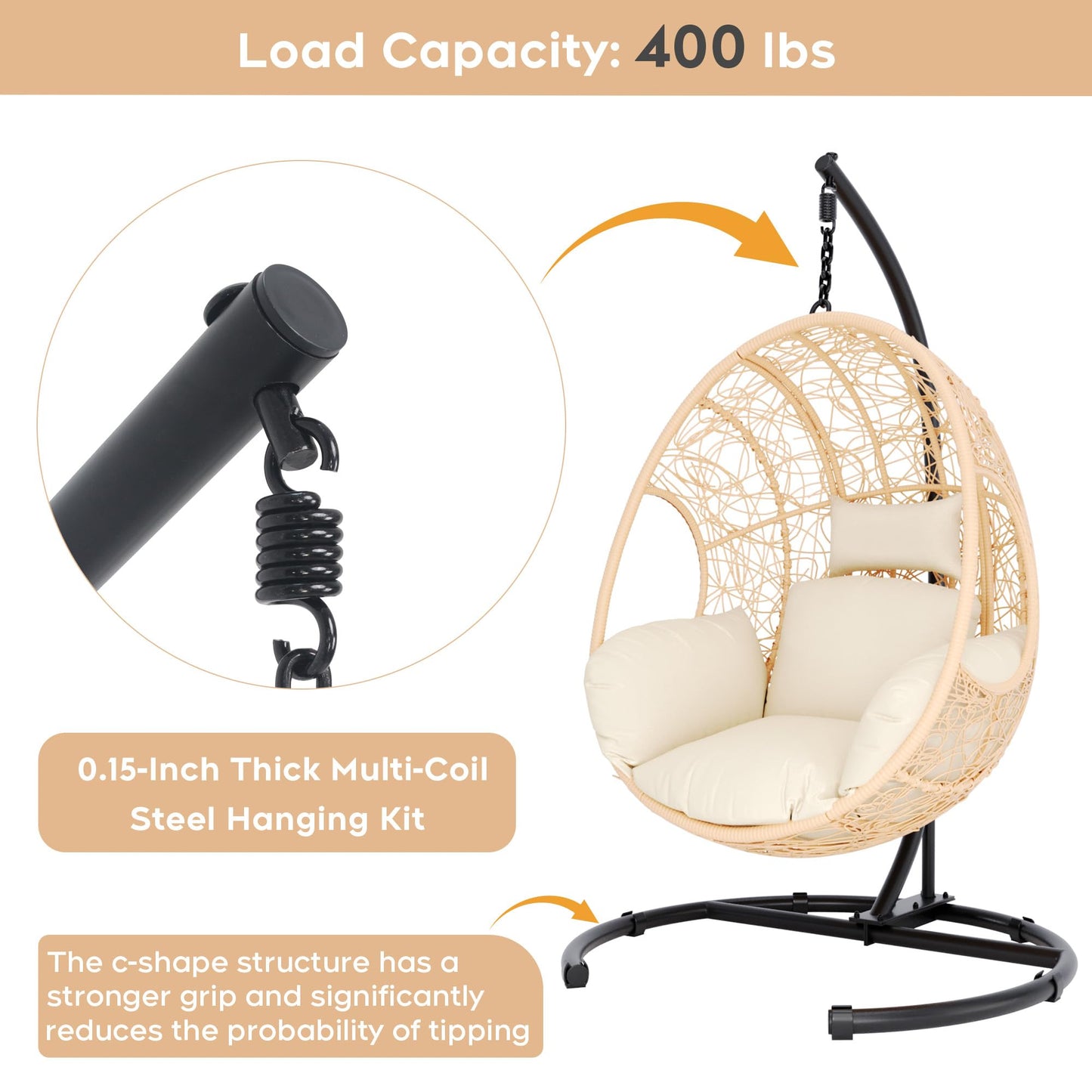 Terravoy Hanging Egg Chair with Stand, Outdoor Swing Egg Chair with Rain Cover, 400 LBS Capacity All-Weather PE Wicker Swing Chair with Waterproof Cushions (Beige, Nest)