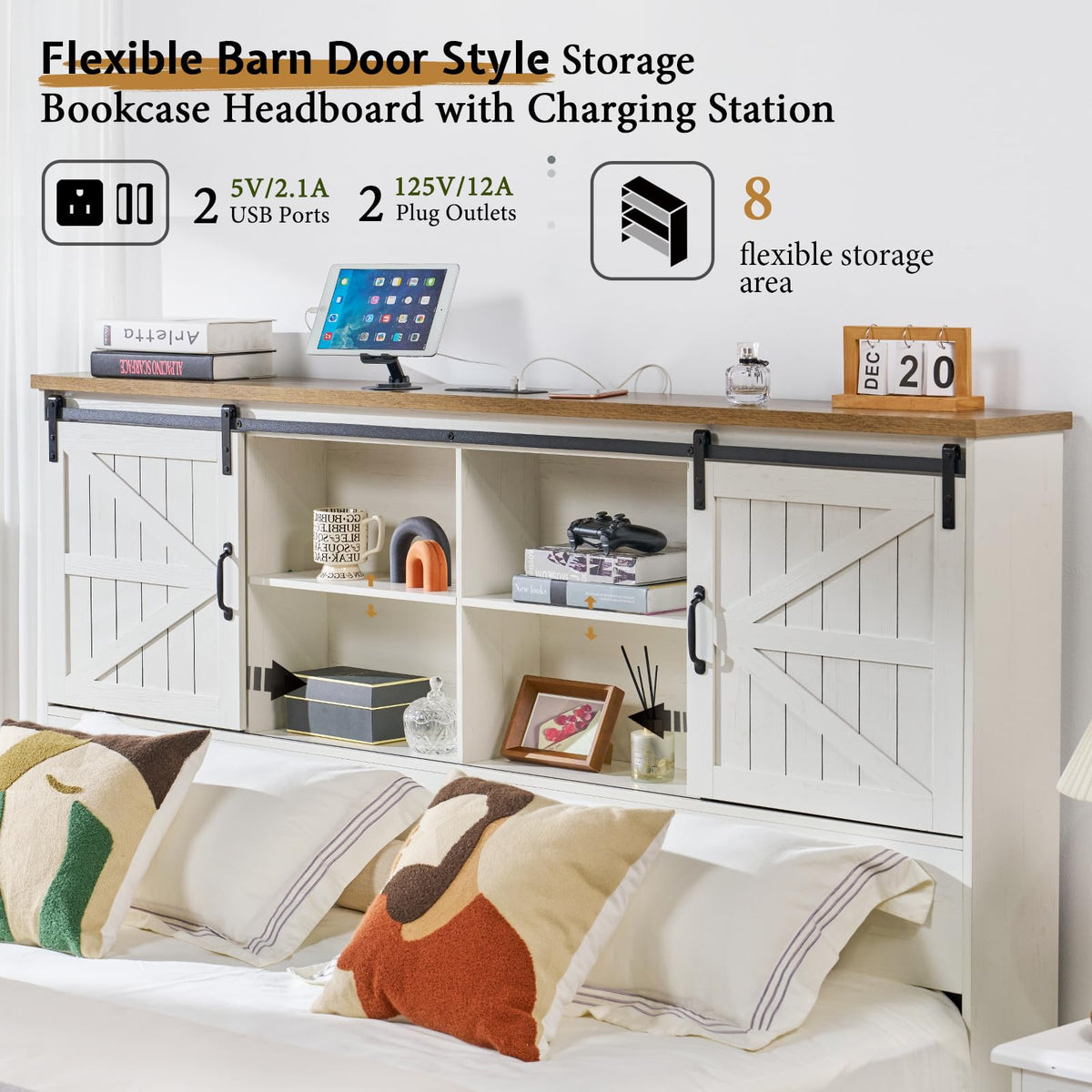 VanAcc Farmhouse King Bed Frame, Wooden Platform Storage Bed with 51.2" Bookcase Headboard, 2 Drawers, Charging Station/No Box Spring Needed/Noise Free, White