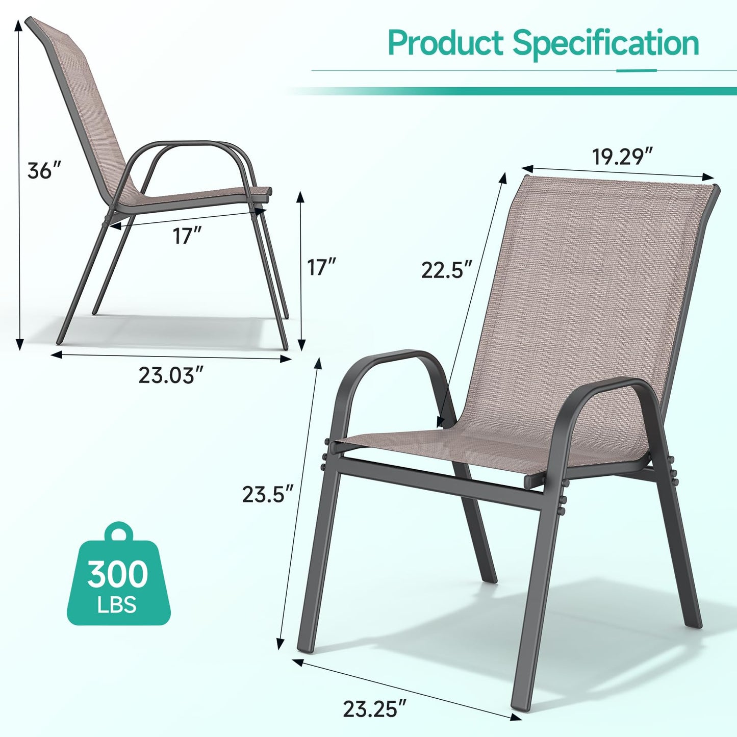 Dovov Patio Chairs Set of 4, Easily Set Up Stackable Outdoor Dining Chairs with High Back and Wide Seat, All Weather Breathable Outdoor Chairs Set of 4 with Metal Frame for Backyard Deck Pool, Brown
