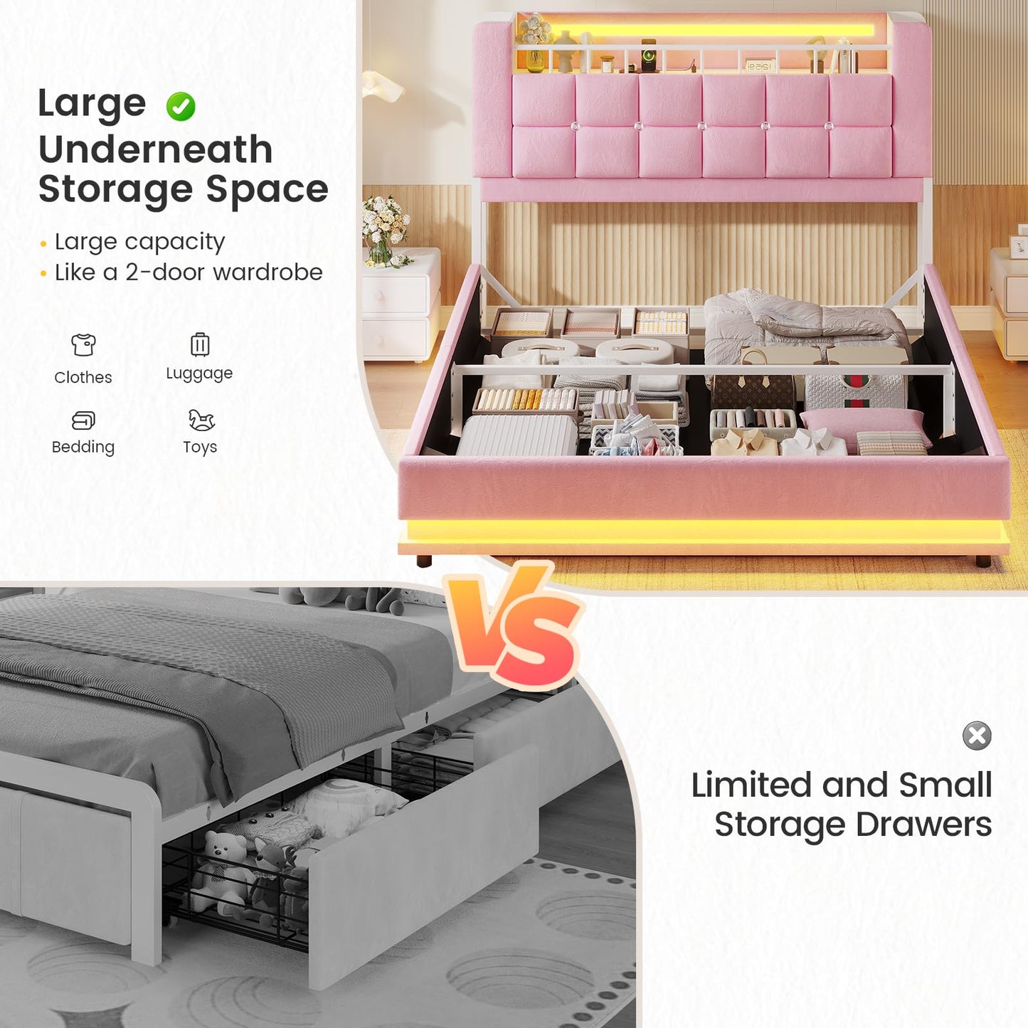 ADORNEVE Queen Size Lift Up Storage Bed with LED Lights & Storage Bookcase Headboard, Velvet Upholstered Platform Bed for Girls, Queen Bed Frame with Charging Station,Hydraulic Lift System, Pink