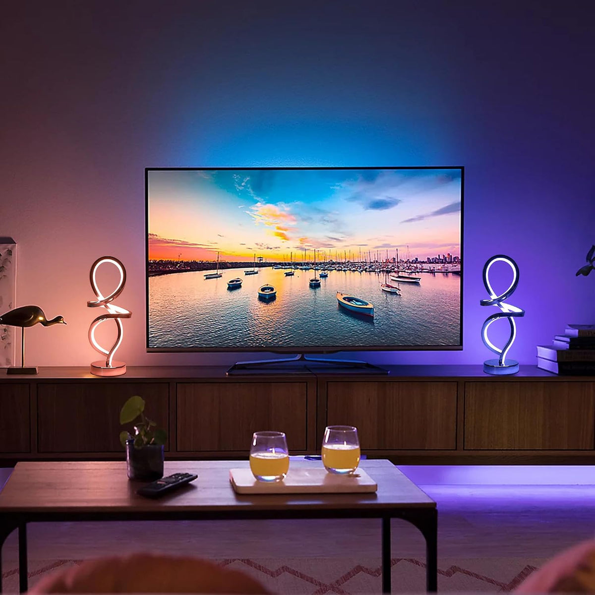 RGB Modern Small Table Lamp with LED Spiral Design, 15W Nightstand Lamp