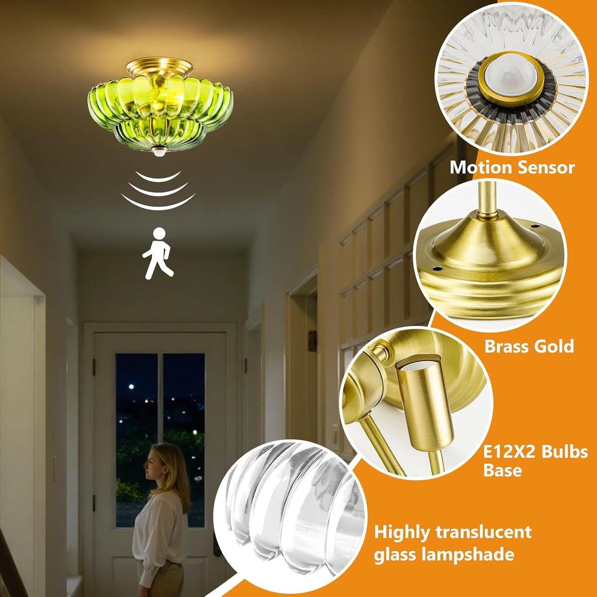 Semi Flush Mount Ceiling Light with Motion Sensor, 2-Bulb & 12 Inch Outdoor Indoor Glass Vintage Ceiling Light Fixture for Porch, Garage, Covered Patio, Hallway, Stairwell, Bulb Not Included - Green