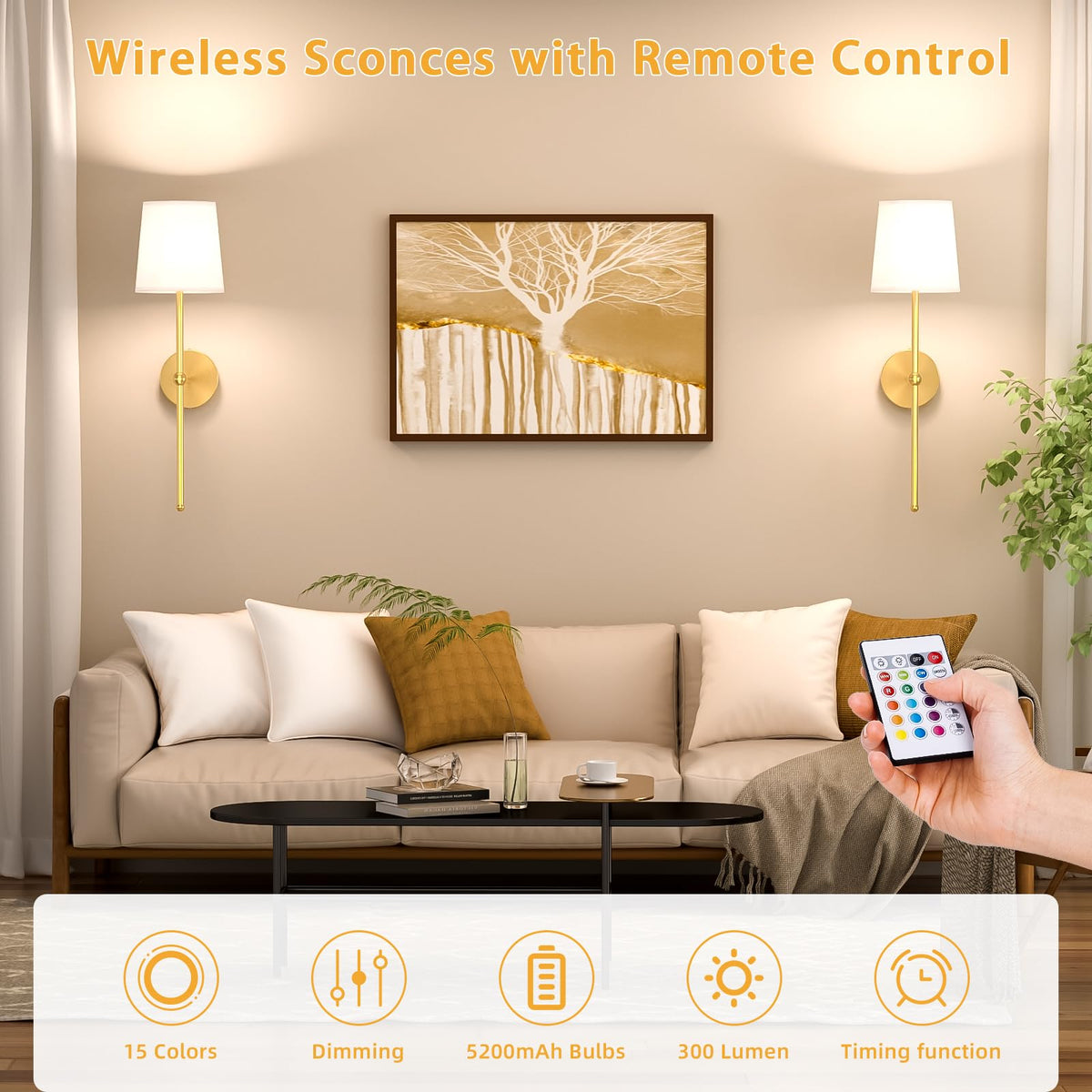 Lightbiz Battery Operated Wall Sconce Set of 2, Rechargeable Wall Lights with Remote, 15 Colors Wireless Dimmable Wall Lamp for Bedroom, Living Room, Hallway