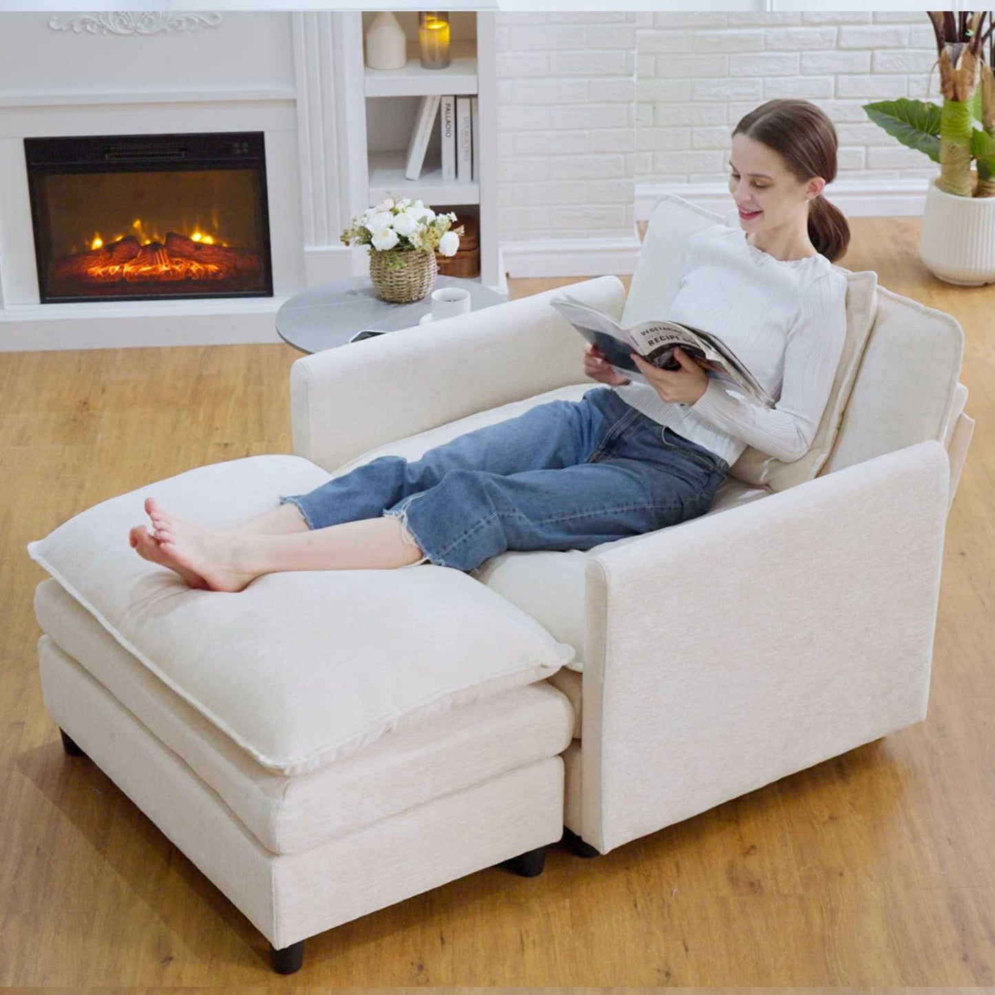 Oversized Accent Chair with Ottoman, Beige Chenille Modern Cloud Chaise Lounge Chair Indoor with Deep Seat, Upholstered Comfy Armchair Reading Chair for Bedroom Living Room Apartment