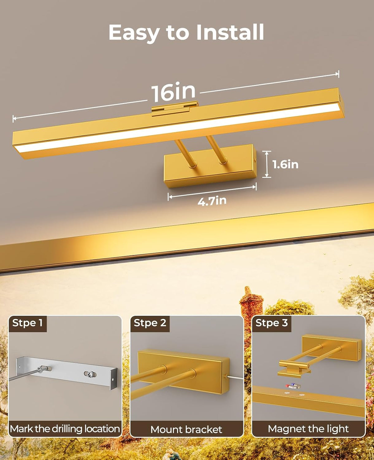 PESUTEN Picture Light for Wall, 16in Battery Wall Sconce Art Light CCT Dimmable Magnetic Battery Lights for Painting with Remote Control for Gallery Artwork Living Room Portraits Hallway 2PCS Gold