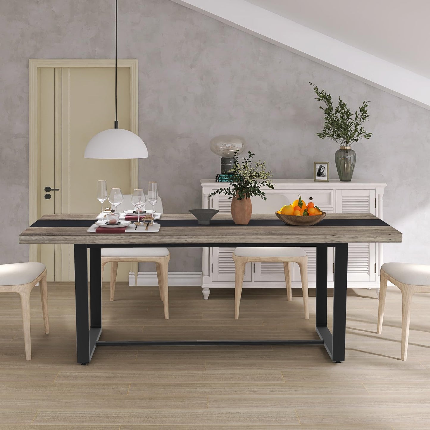STHOUYN 71" 6ft Large Dinner Table for 6 8 Seat Dining Room Table, Rectangular Farmhouse Modern Kitchen Long Black & Grey Industrial Conference (Grey)
