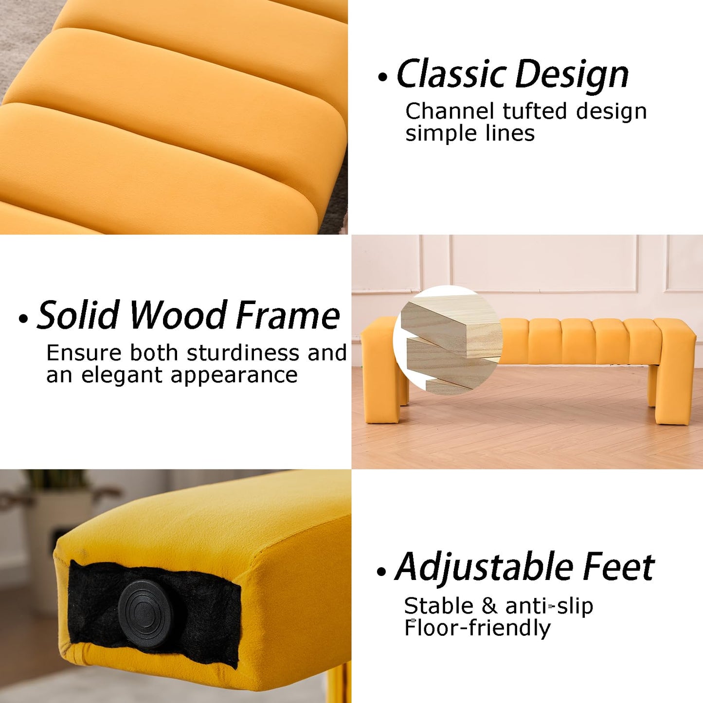AIITTCC Velvet End of Bed Bench Upholstered Modern 59" Bedroom Bench for King Bed Bench Tufted Window Bench Comfy Long Ottoman for Living Room/Entry/Indoor (Mustard Yellow, 59" Wide)