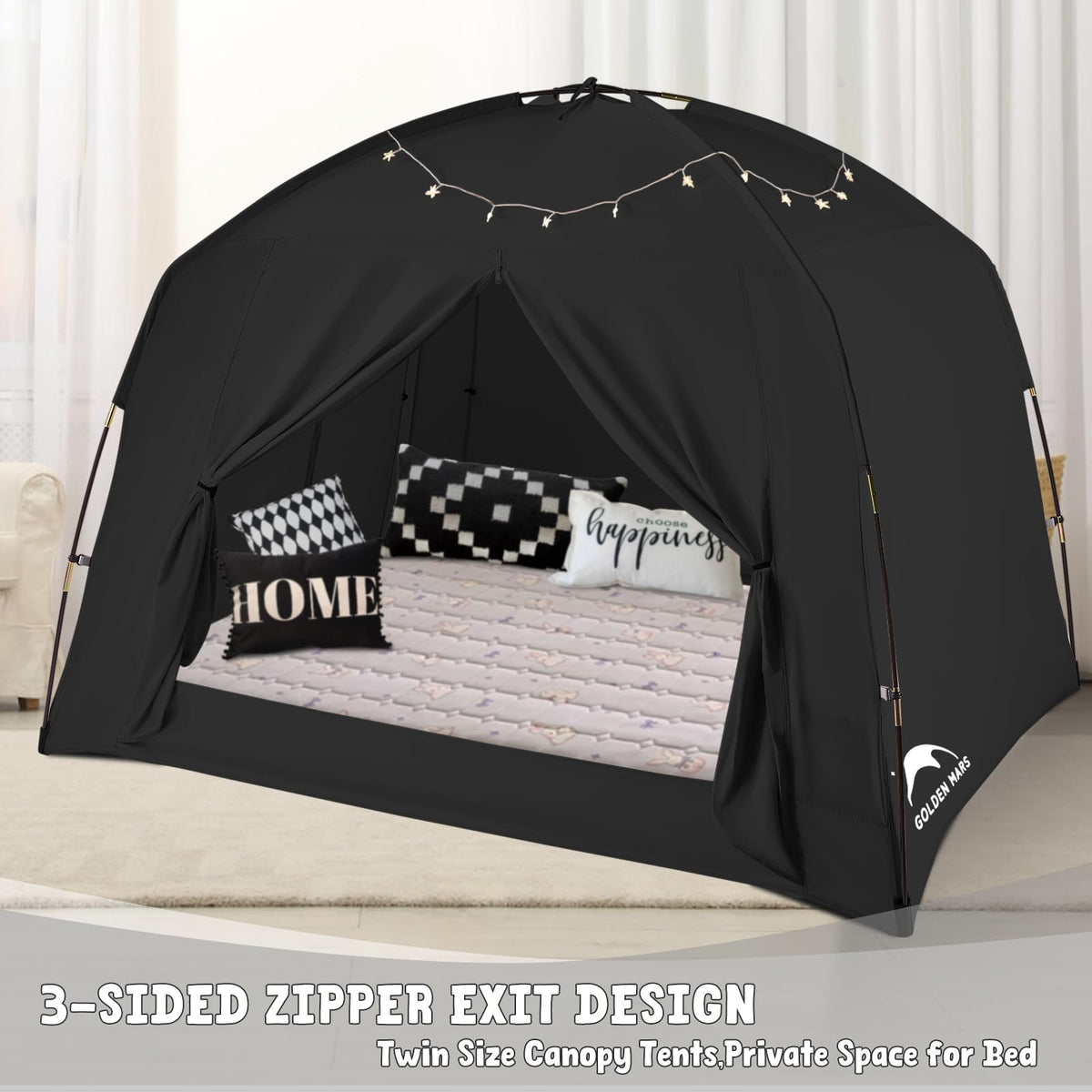 Bed Tents for Kids and Adult, Portable 100% Breathable and 93% Blackout Toddler Dream Play Tent, 3 Doors Big Privacy Space Sleeping Canopy for Floor or Twin Full Queen Sizes Bed (Black, Twin-Size)