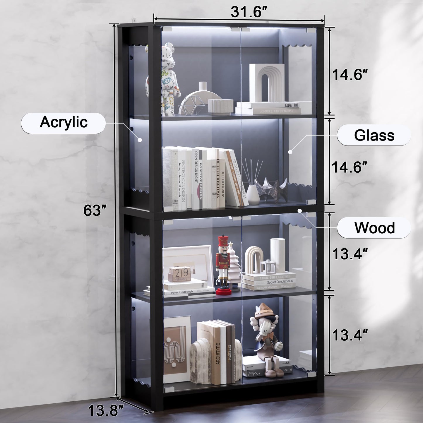 TEROL Display Cabinet with Glass Doors, 63” 4-Tier Wood Display Case with RGB Lights for Collectibles, Tall Curio Cabinet Anti-Tipping with Adjustable Shelves, Storage Cabinets for Living Room, Study