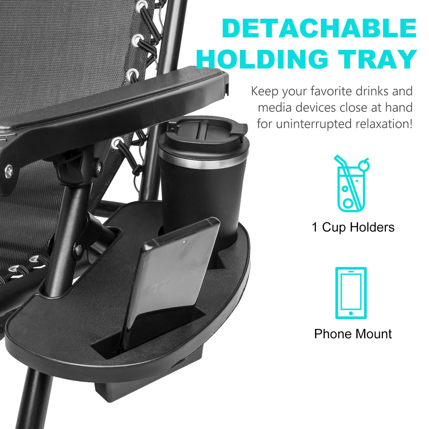 SZHLUX 1 PCS Adjustable Steel Mesh Zero Gravity Lounge Chair Recliners W/Pillows and Cup Holder Trays - Black