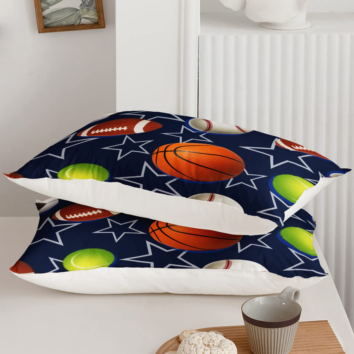 BailiPromise Boys Sports Comforter Set Queen Football Baseball Basketball Soccer Tennis Bedding Set for Teens Kids Blue Star Comforter 3 Piece Bedroom Decor 2 Pillowcases Lightweight Microfiber