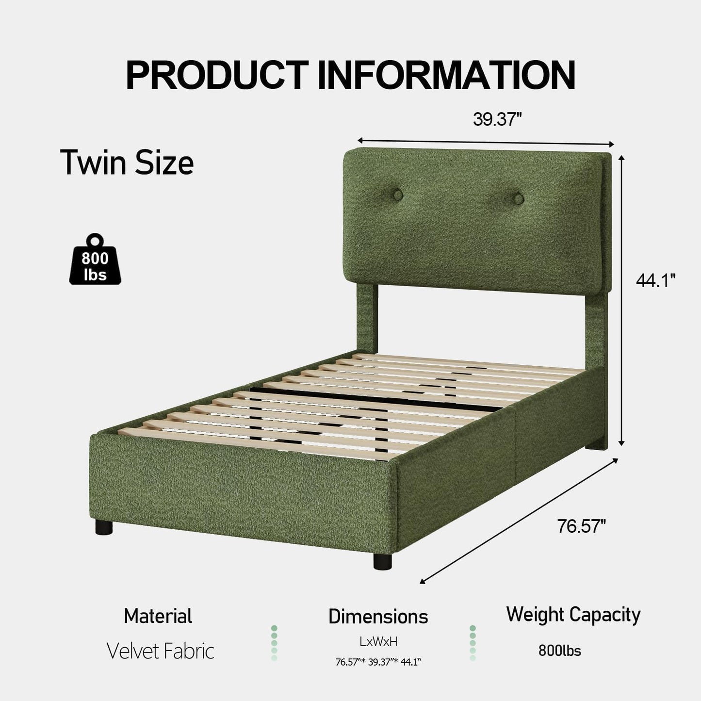 CHABUILDREARK Twin Bed Frames, Upholstered Boucle Platform Bed Frame with Headboard, Cloud Bed Frames with Soft Headboard, Wooden Slats Support, No Box Spring Needed, Easy Assembly, Green