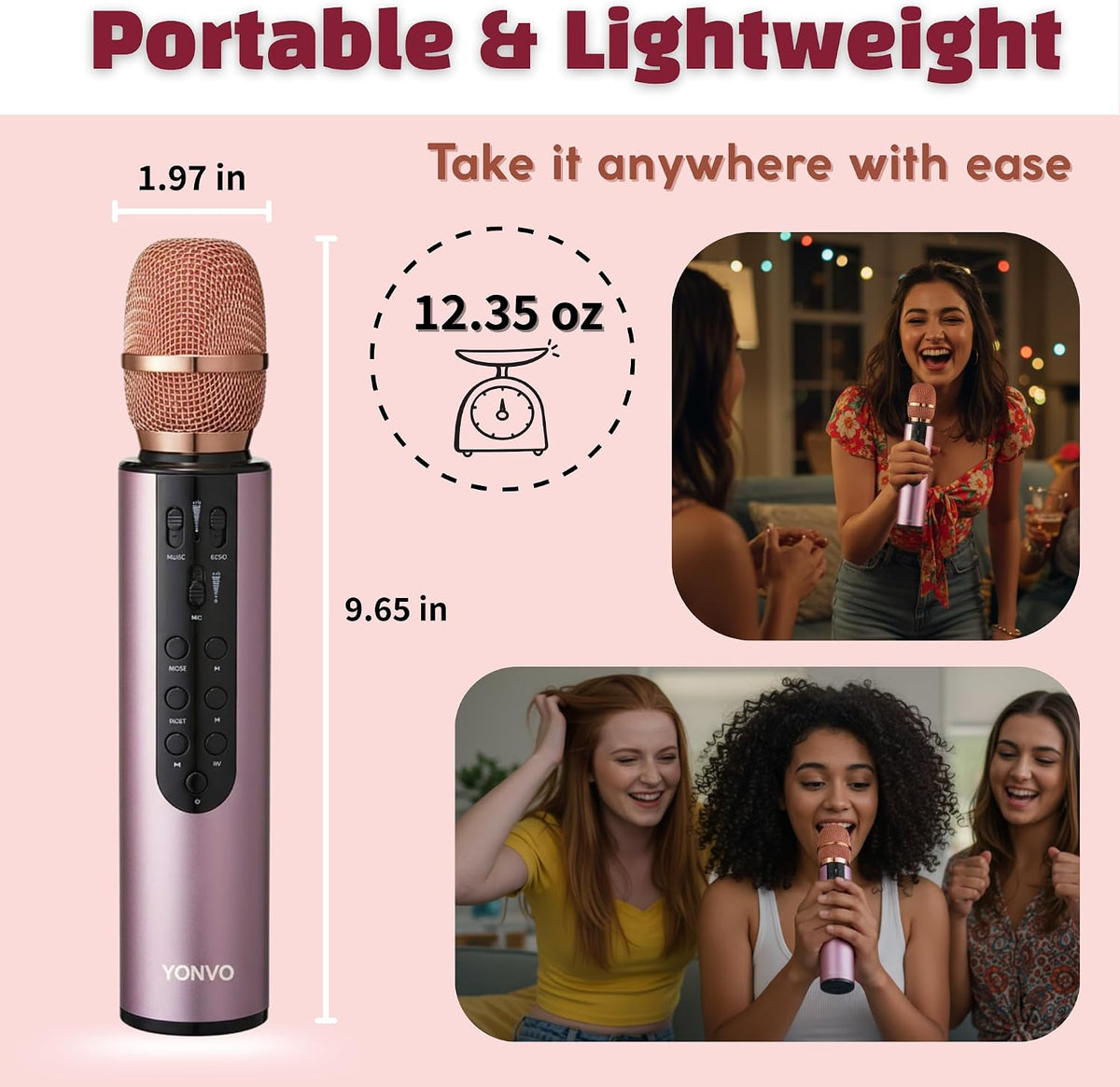 Bluetooth 5.3 Wireless Karaoke Microphone, Portable Handheld Mic with 10W Speakers. Clear Vocals & Echo Home Party Karaoke Machine, Gift for Teens & Women (Rose Gold)