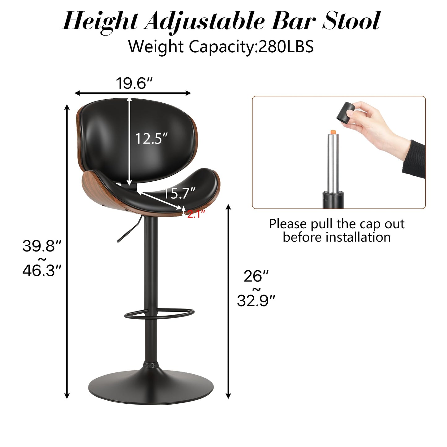 KCC Bar Stools Set of 2, Swivel Adjustable Height Barstools, PU Leather Upholstered Bar Chairs with Footrest, Bentwood Bar Stool for Kitchen, Bar, Dining Room(Black PU)