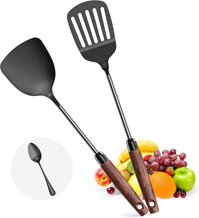 Titanium Spatula Set of 3 for Kitchen, Kitchen Utensil Set Pure Titanium, Food Grade, High Heat Resistant Cooking Utensils, Easy to Clean, Black