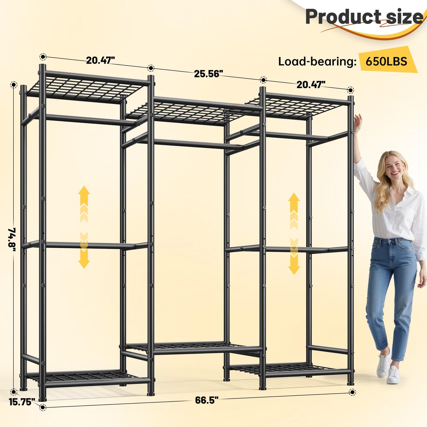 Raybee Clothes Rack Heavy Duty Clothing Racks for Hanging Clothes Metal Portable Closet for Bedroom Adjustable 66.5" Wx15.75 Dx74.8 H Black