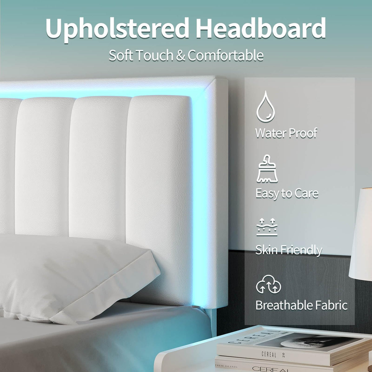 IMMERSTABLE Queen Bed Frame, Bed Frame Queen Size with LED Lights, Upholstered Queen Bed Frames with Headboard, Heavy Duty Wood Slats Support, Noise-Free, No Box Spring Needed, Easy Assembly, White