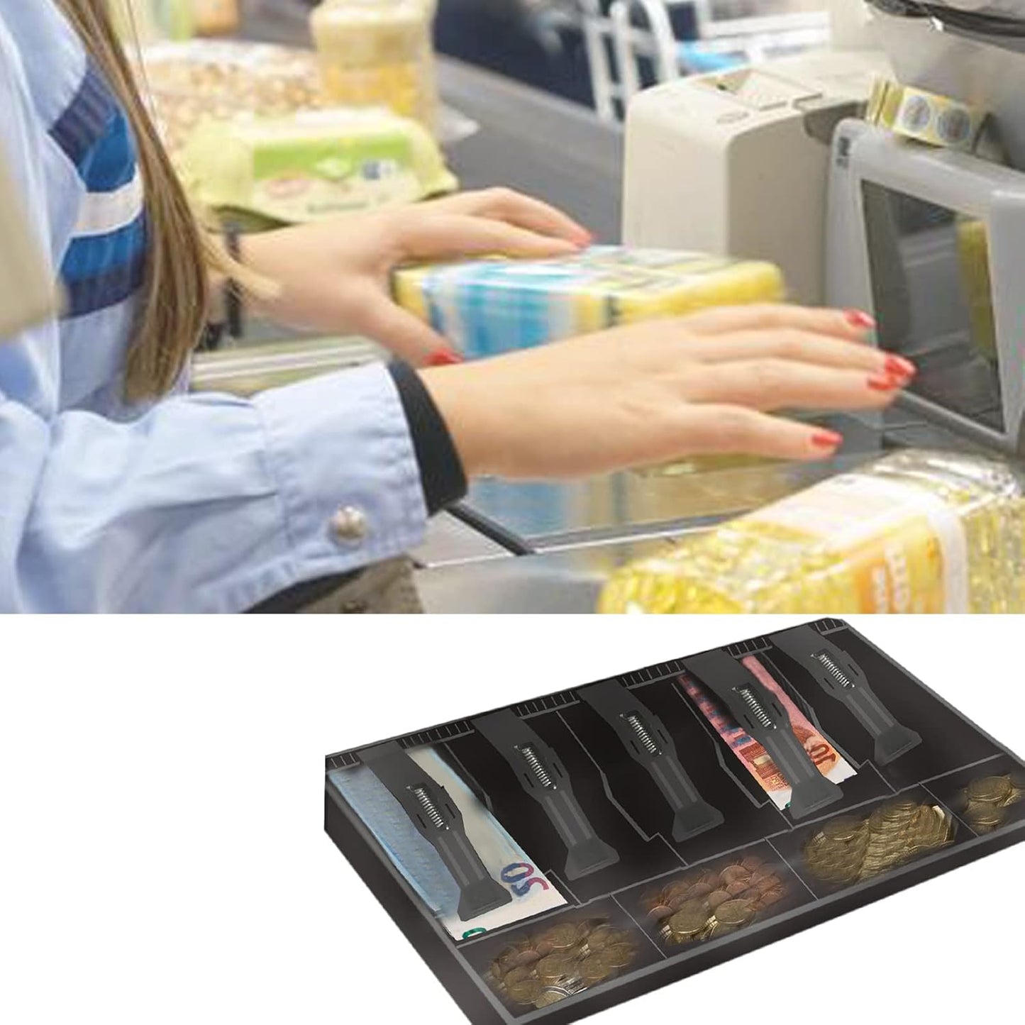 Cash Register Drawer for Money Storage, Cash Tray with 5 Bill/4 Coin Compartments for Supermarkets, Shops, Hotels (Black)