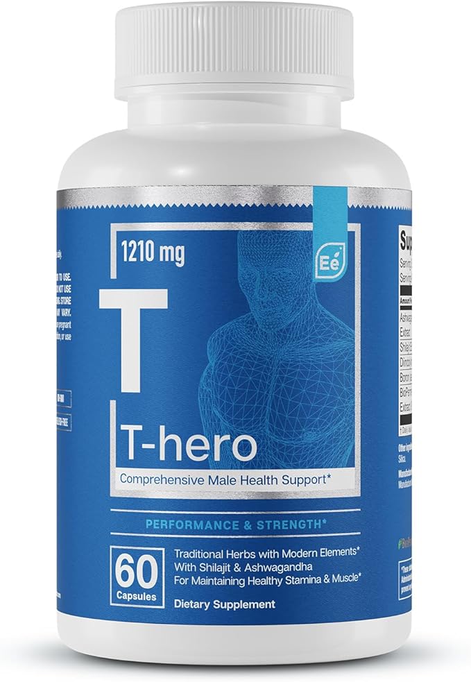 Essential Elements Male Health Supplement - Muscle Support & T-Health with DIM, Ashwagandha, Shilajit, More | T-Hero 60 Vegan Capsules