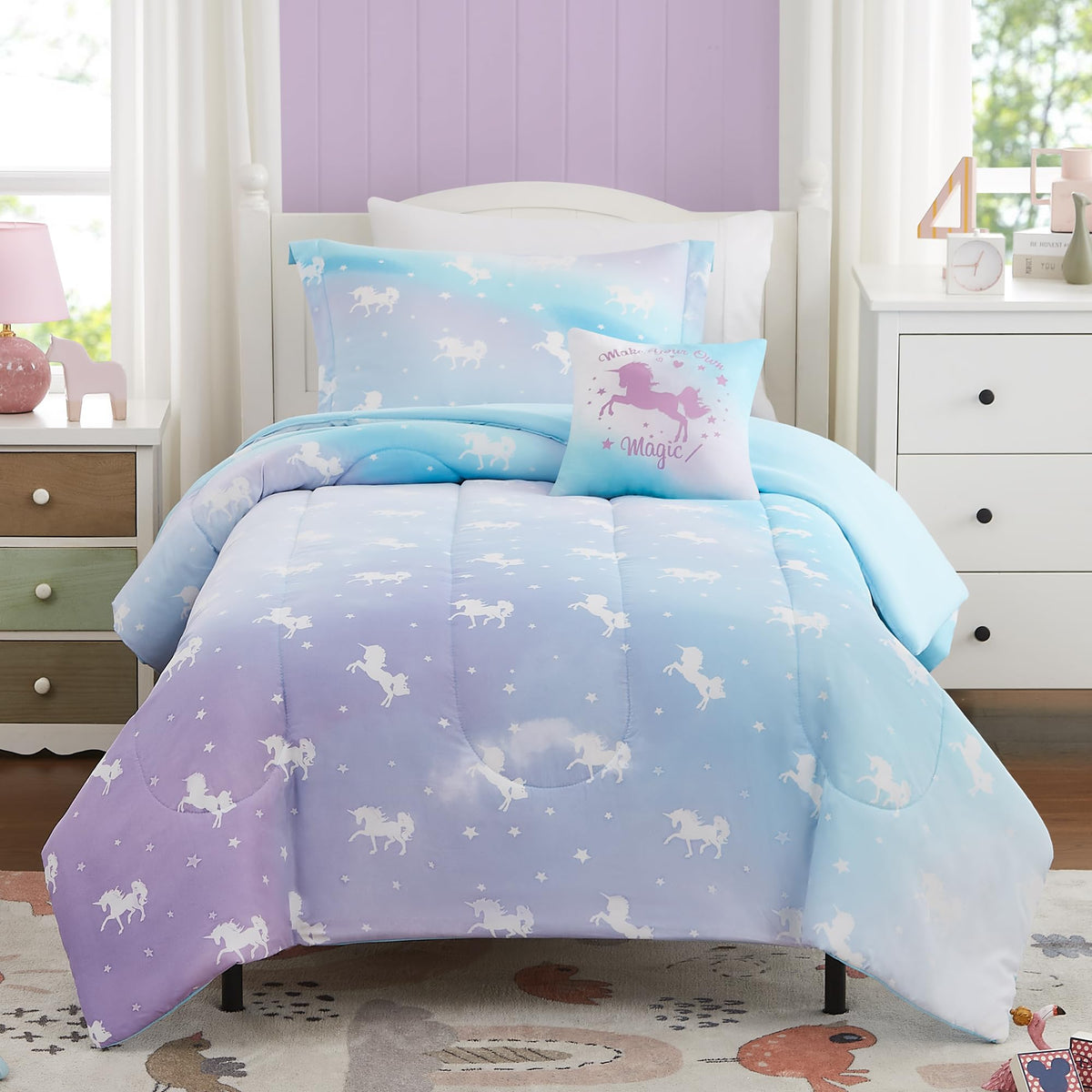 Kaleido Space Twin Bedding Sets for Girls - 3 Pieces Glow in The Dark Unicorn Twin XL Comforter Sets for Girls 1 Comforter, 1 Decor Pillow, 1 Pillow Shams