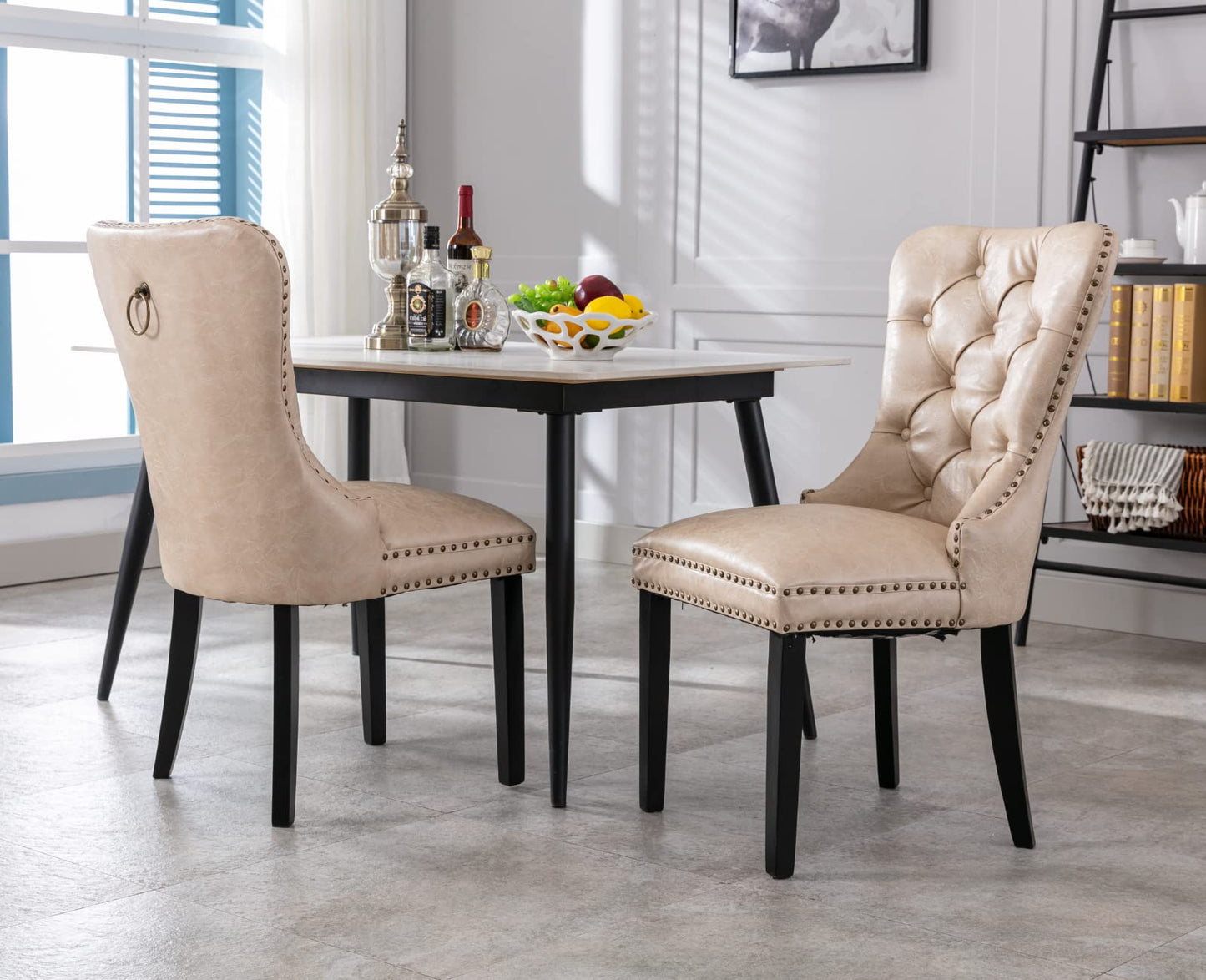 EALSON Modern Dining Chairs Set of 2 Mid Century Leather Dining Room Chairs with Wood Legs Tufted Upholstered Kitchen Side Chairs with Nail Head Trim for Dining Room/Living Room, Beige with Ring