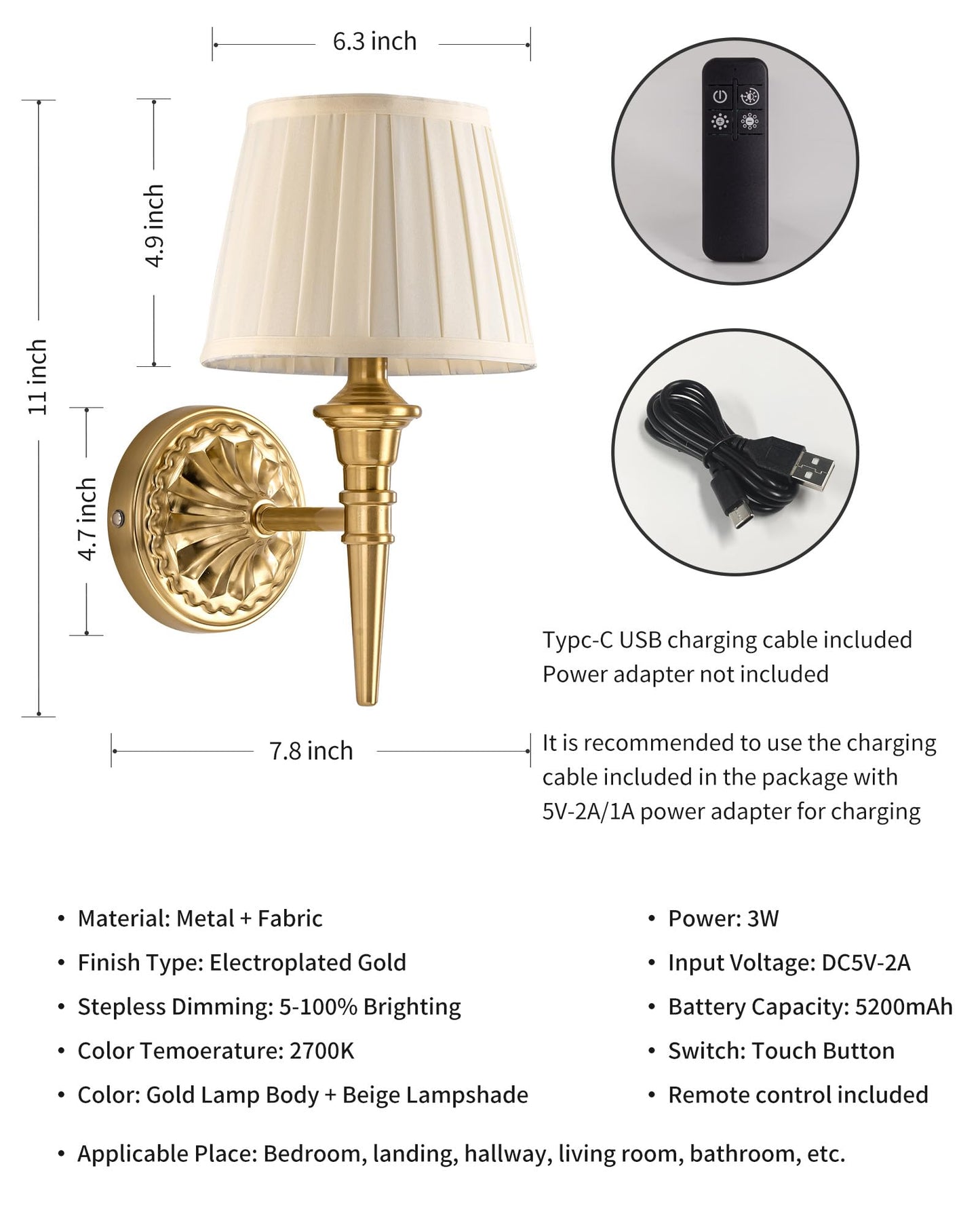 KDG Cordless Wall Sconces Set of 2, Small Wireless 5200mAh Rechargeable Battery Fabric LED Wall Lamps, Portables Lightings for Wall Painting, Living Room, Bedroom, Hallway, Gifts, Night Light (Gold)
