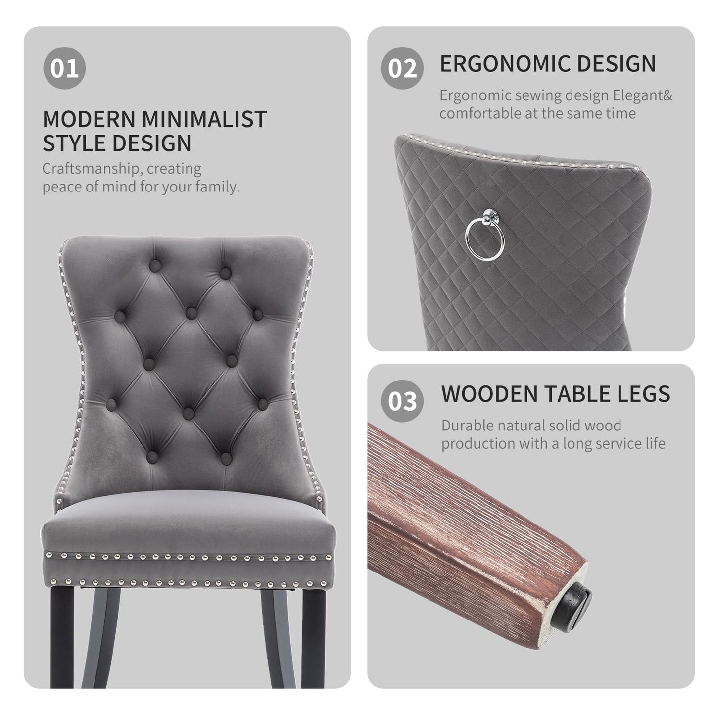 Systemkenji Velvet Dining Chairs Set of 4, Upholstered Dining Room Chairs with Nailhead Trim, Sillas de Comedor Modernas 4, Wooden Kitchen Chairs for Dining Room, Living Room, Kitchen, Bedroom, Grey