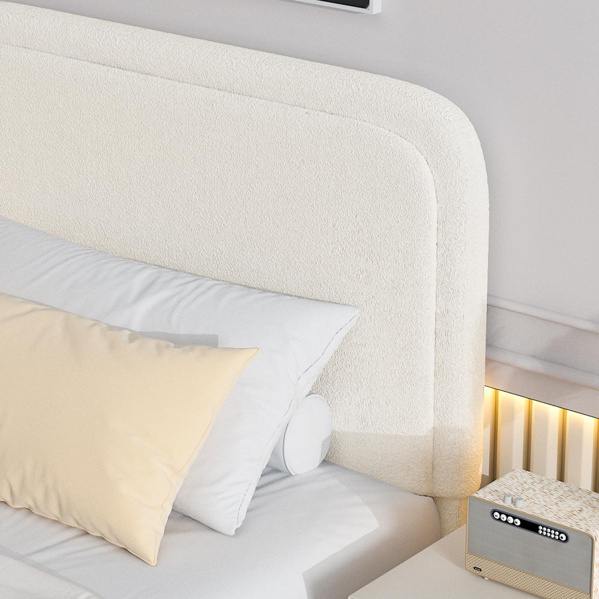 Twin Size Bed Frame, Boucle Upholstered Platform Bed Frame with Headboard, Modern Style, Soft Rounded Corners, No Box Spring Required, Easy Assembly, Cream