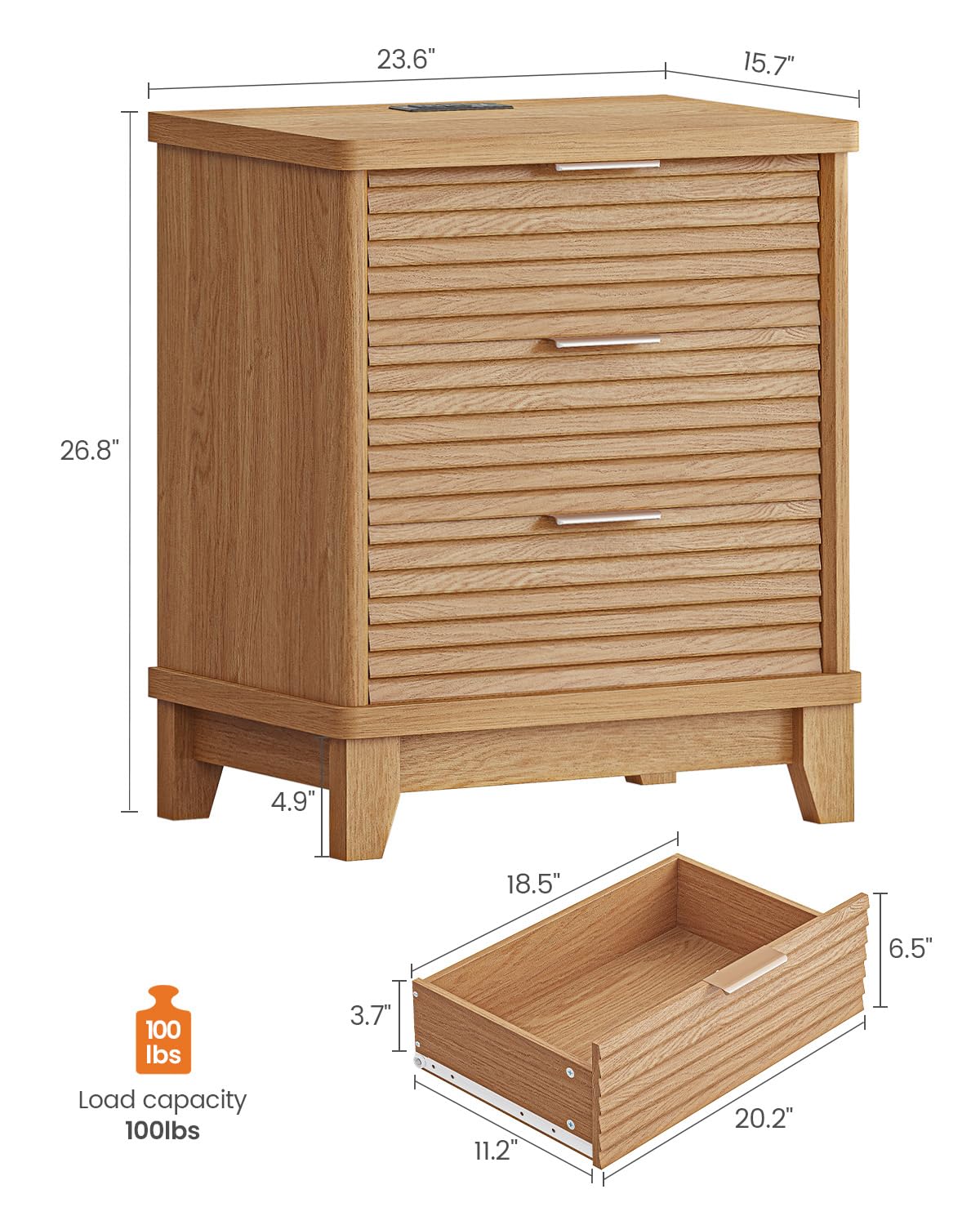 AOGLLATI Fluted Night Stand with Charging Station and 3 Drawers, Wood Nightstands Beside Table with Slanted Louvered Design,Retro End Side Table for Bedroom (1, Wood)