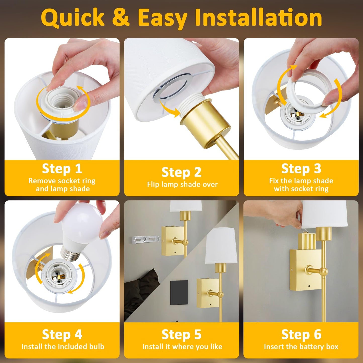 YINDUZ Battery Operated Wall Sconces Set of 2 - Gold Rechargeable Wall Lights with Remote Control, 4CCT and 5 Brightness Battery Powered Wall Sconces for Bedroom and Living Room