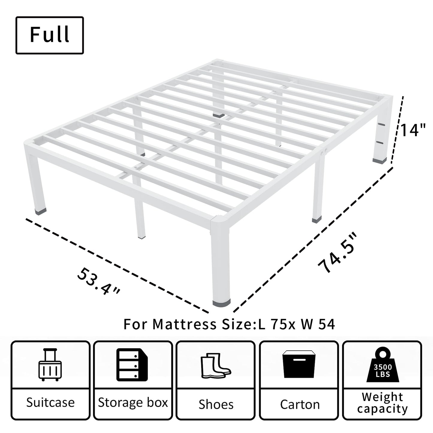 ROIL 14 Inch White Full Size Bed Frame with Rounded Corner and Headboard Hole Mattress Retainers 3500LBS Heavy Duty Steel Slats No Box Spring Needed Platform Noise-Free Easy Assembly