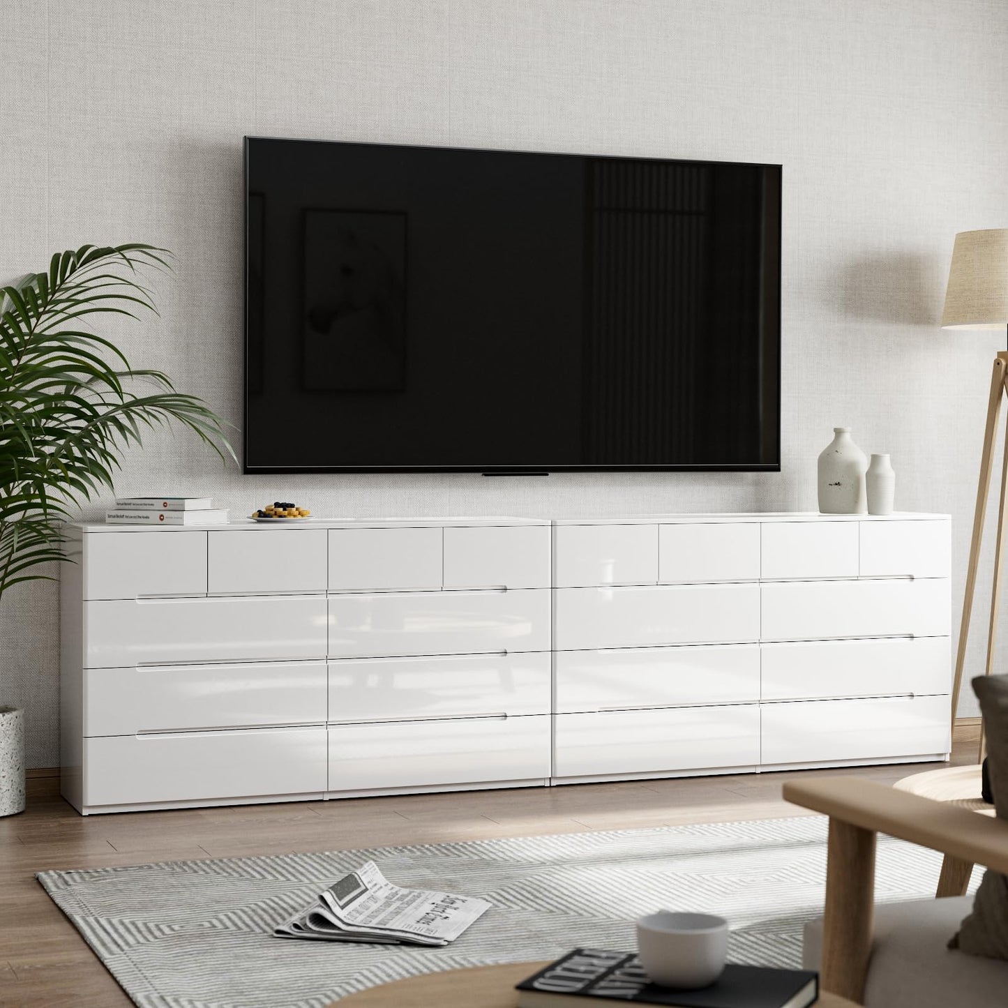 ZORPLIX 10 Drawer White Dresser for Bedroom, 55" Long Dresser Chest of Drawers,Large High Gloss Modern Storage Cabinet with Big Drawers Handle Free,Living Room, Entryway, Hallway