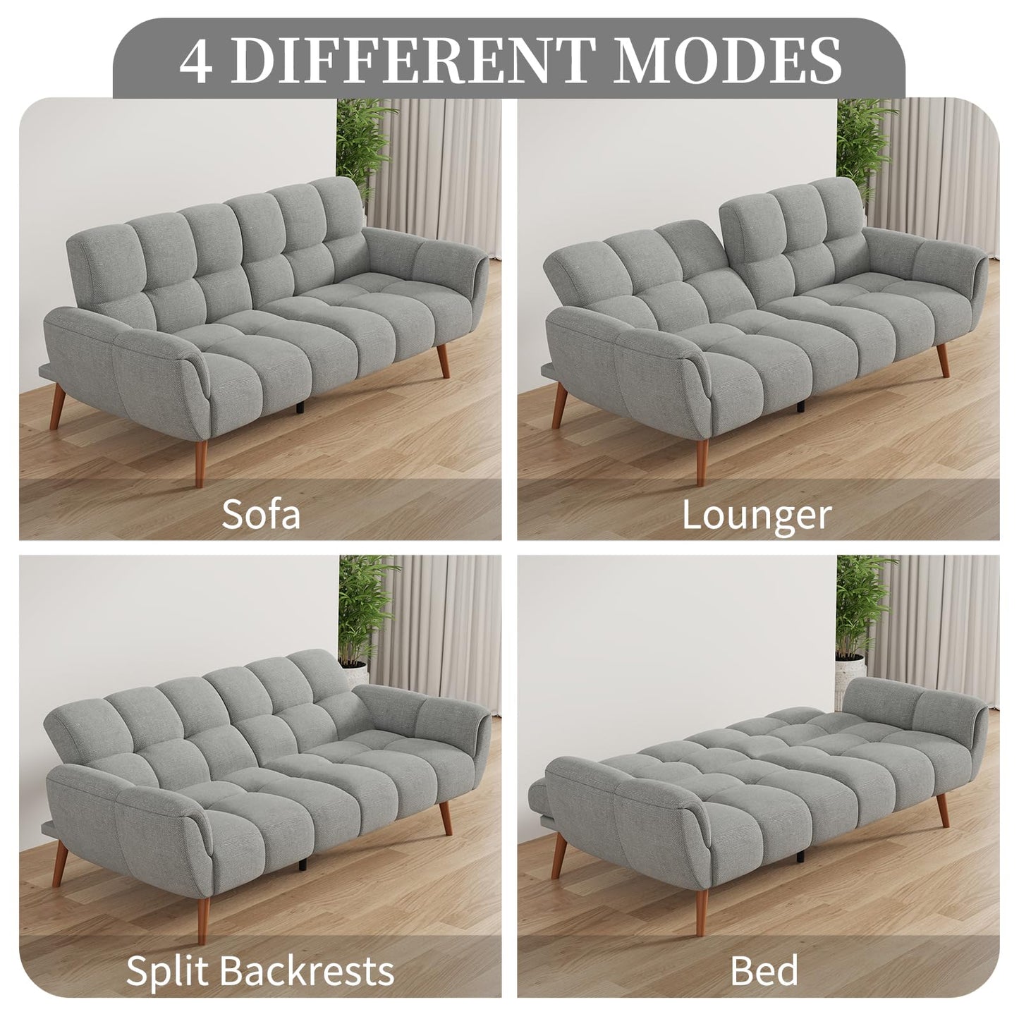 saows Futon Sofa Bed, Convertible 77" Modern Linen Futon Couch, Comfy Sleeper Sofa with Adjustable Backrests, Couch Bed for Small Spaces, Living Room, Bedroom, Apartment, Gray