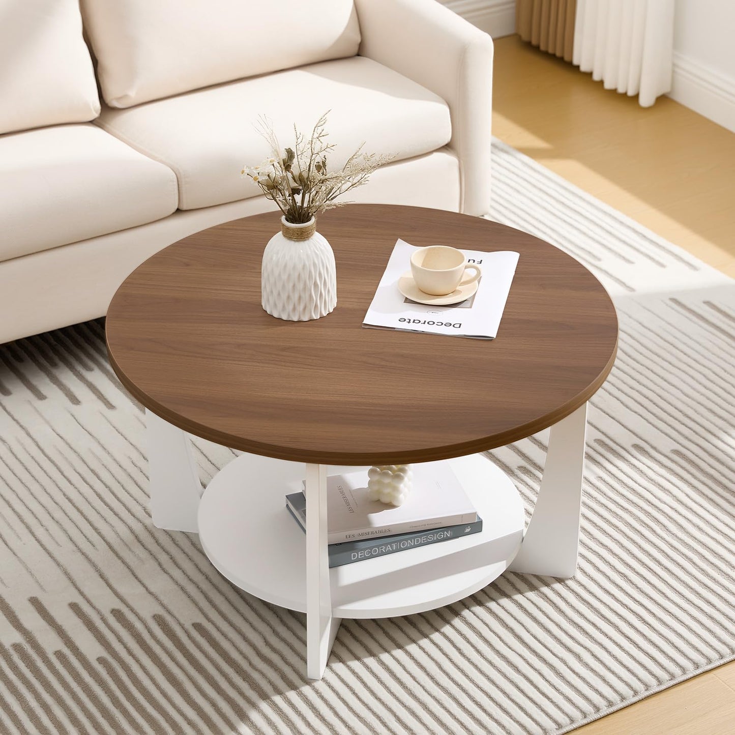 BECHAEO 31.5'' Round Coffee Table with Solid Wood Pine Legs, 2-Tier Rustic Round Coffee Table with Storage Shelf, Modern Wood Circle Coffee Table Farmhouse Center Table for Living Room, Walnut White