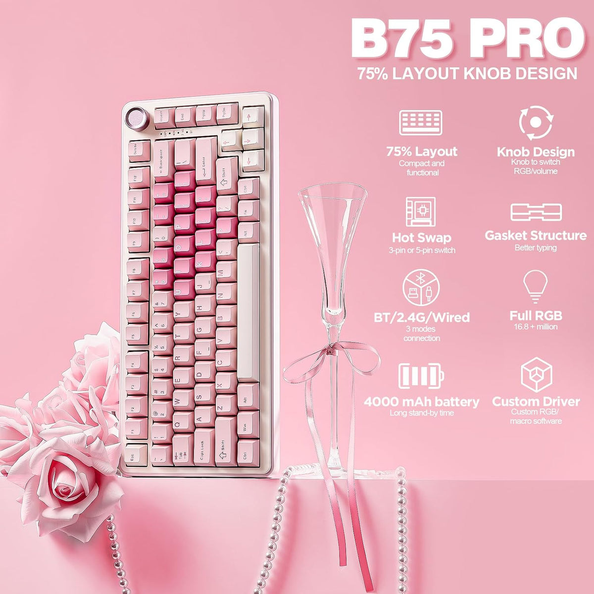 YUNZII B75 PRO 75% Wireless Mechanical Keyboard (Pink,MilkV2)