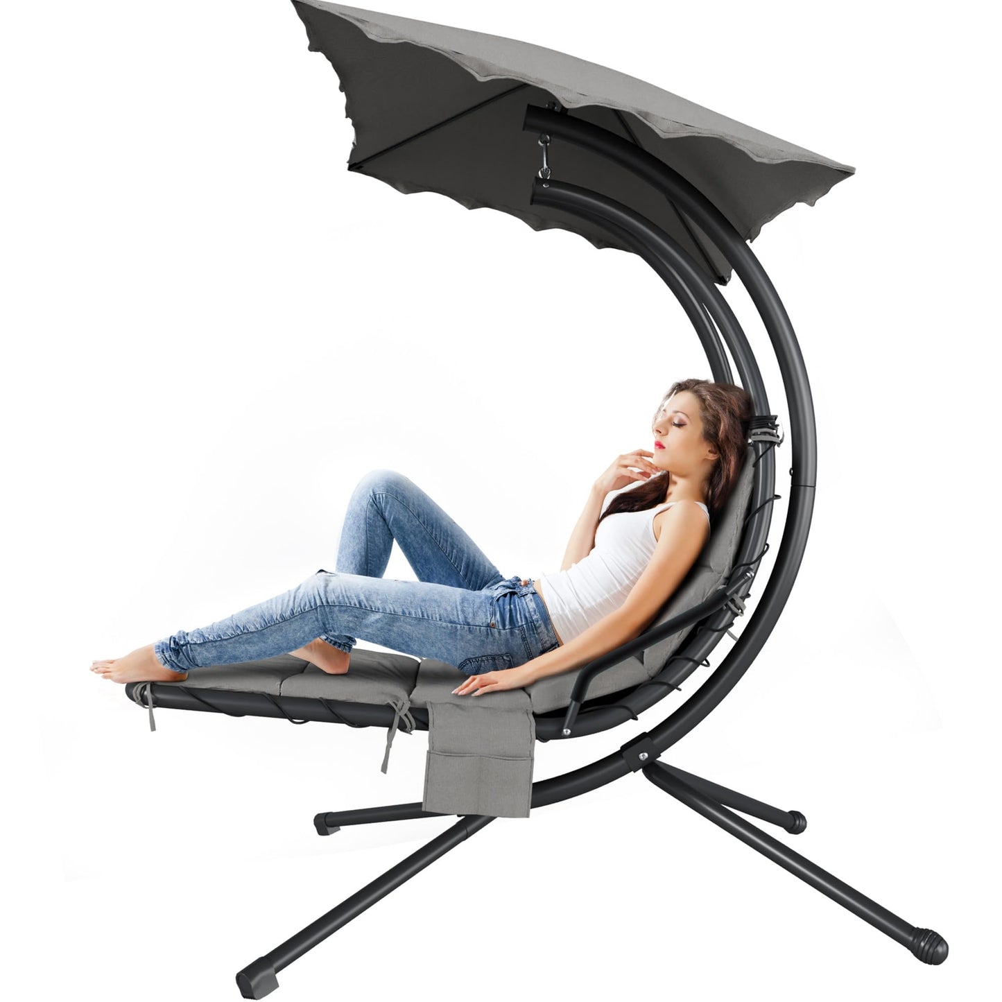 LuyFuitre Hanging Chaise Lounge Swing Chair, Hanging Curved Chaise Lounge Chair Umbrella, Curved Steel Hammock Lounger Chairs for Outdoor Indoor Patio Pool Garden Backyard Porch