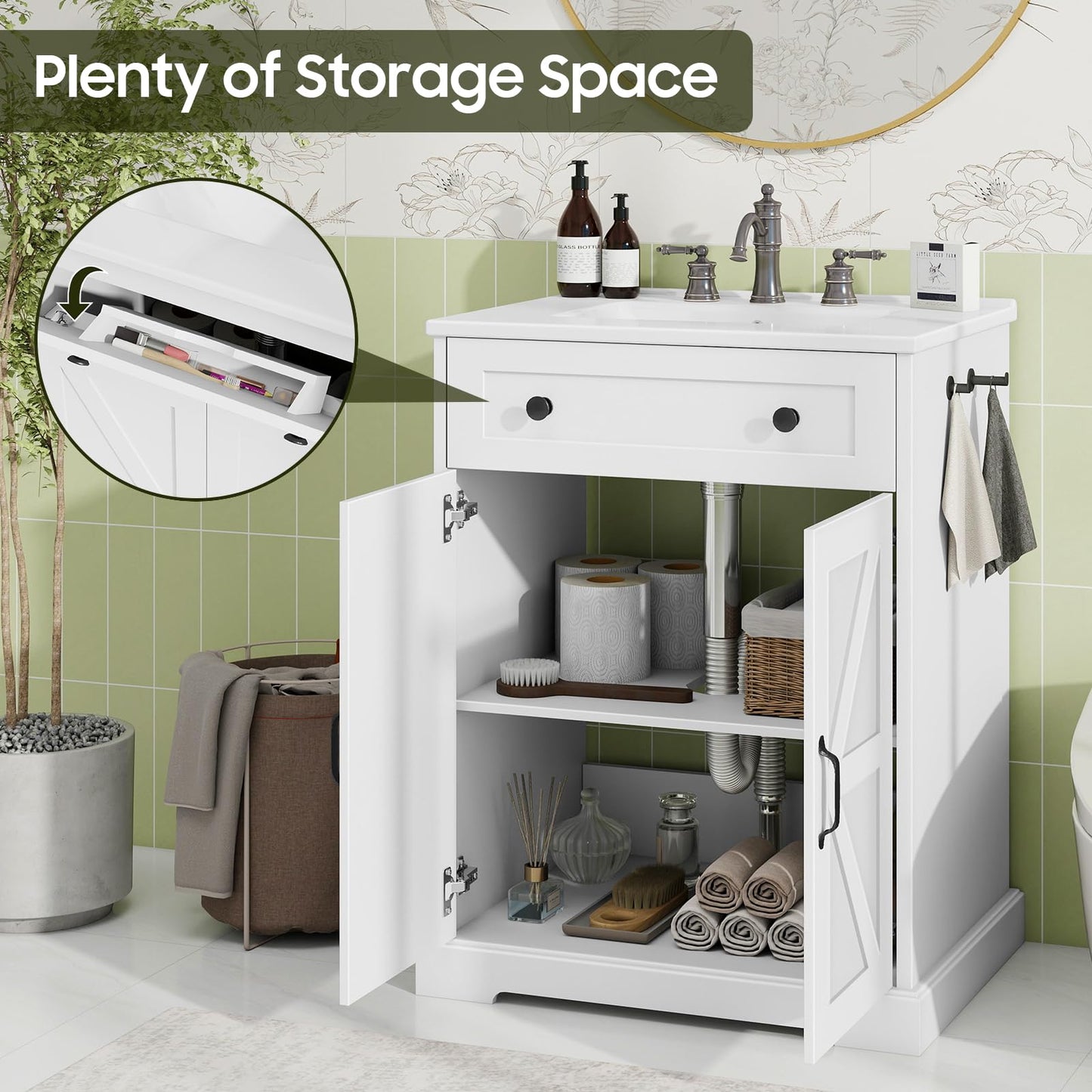 Vabches Bathroom Vanity with Sink Set, Modern Bathroom Cabinet with Flip Drawer and Doors, Freestanding Storage Cabinet with Shelf, Vintage Vanity with Ceramic Sink, White