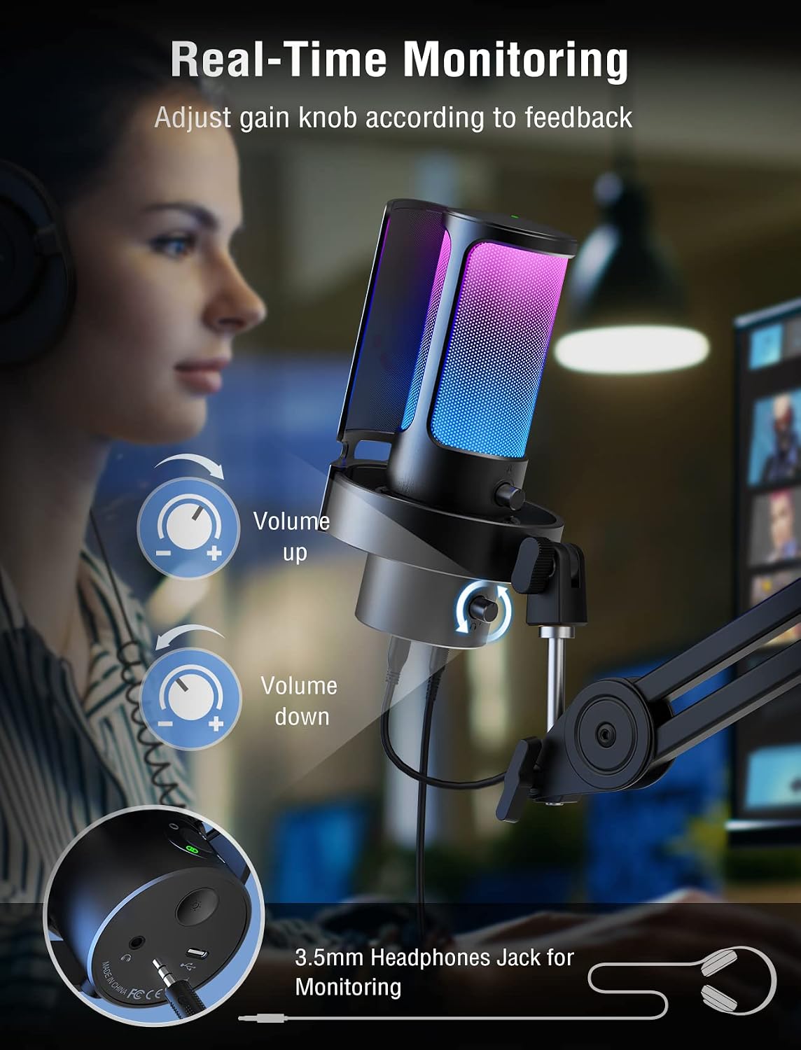 FIFINE A8 Plus USB Gaming Condenser Microphone with 4 Polar Patterns for PC