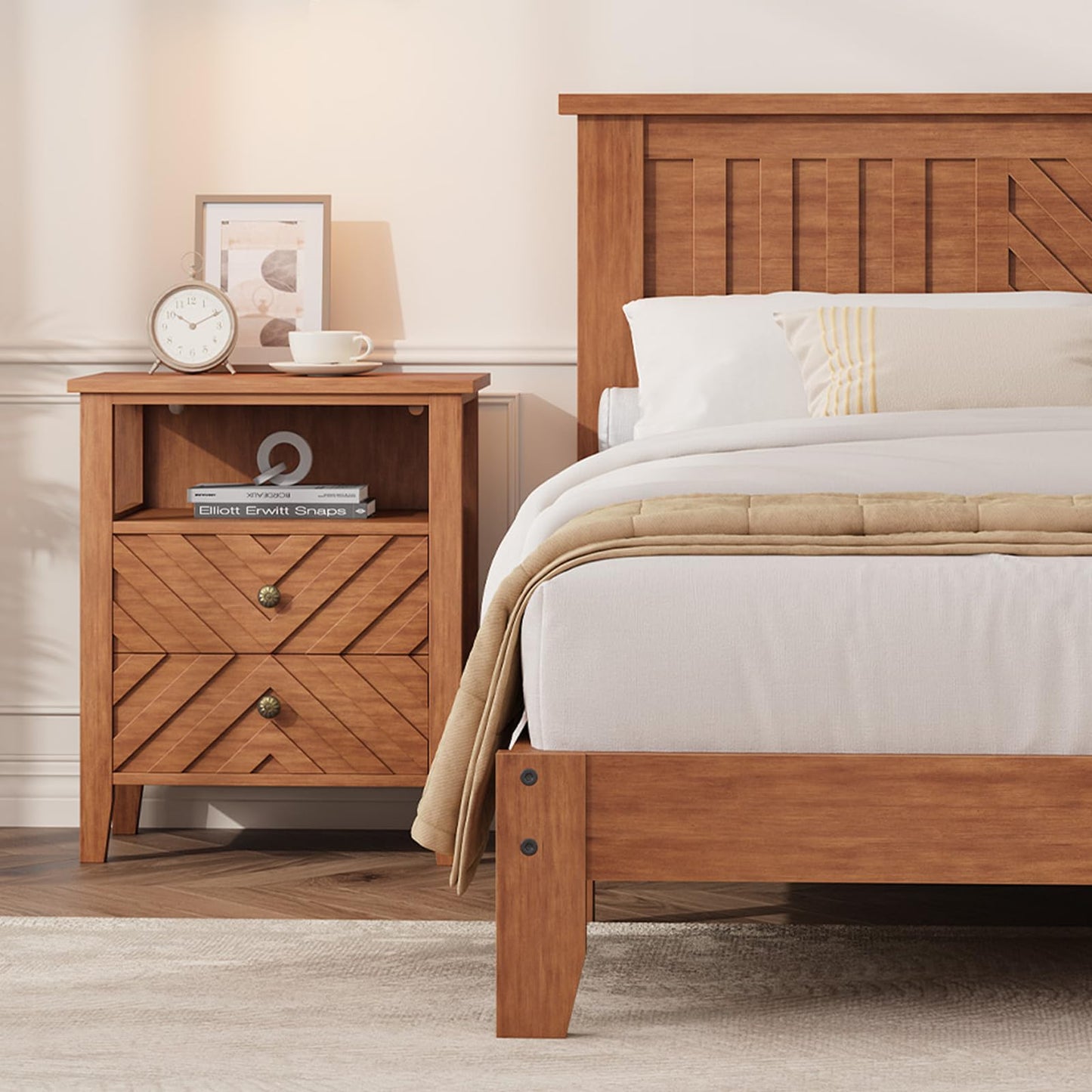 SLEKVERSA Wooden Platform Bed Frame with Headboard, Queen Size Mattress Foundation with Wooden Slat Support, No Box Spring Needed, Easy Assembly, Light Brown