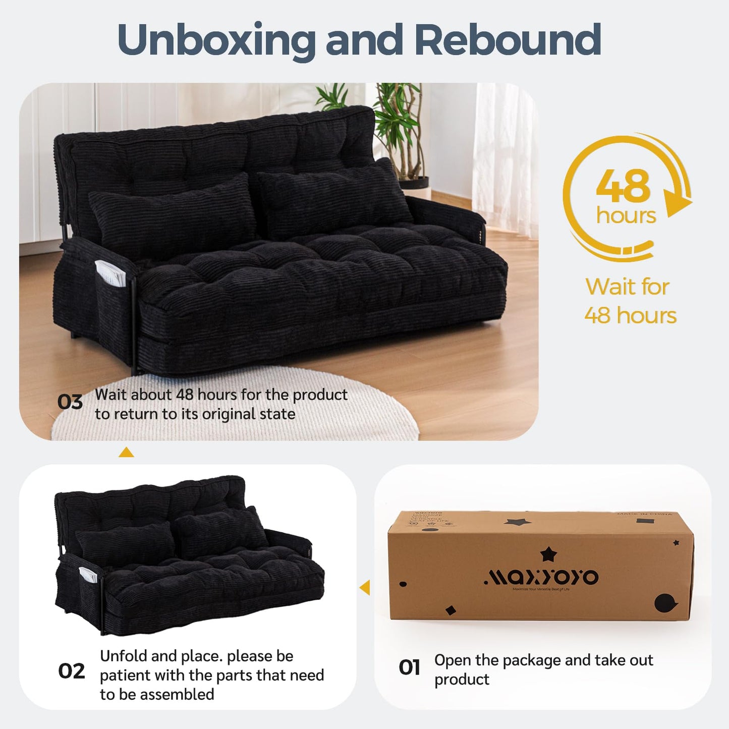 MAXYOYO Adjustable Floor Sofa Couch with 2 Pillows, Multi-Functional Bean Bag Bed, 5-Position Foldable Lazy Sofa Sleeper Bed with Armrest, Versatile Floor Seating for Reading, Black, Double