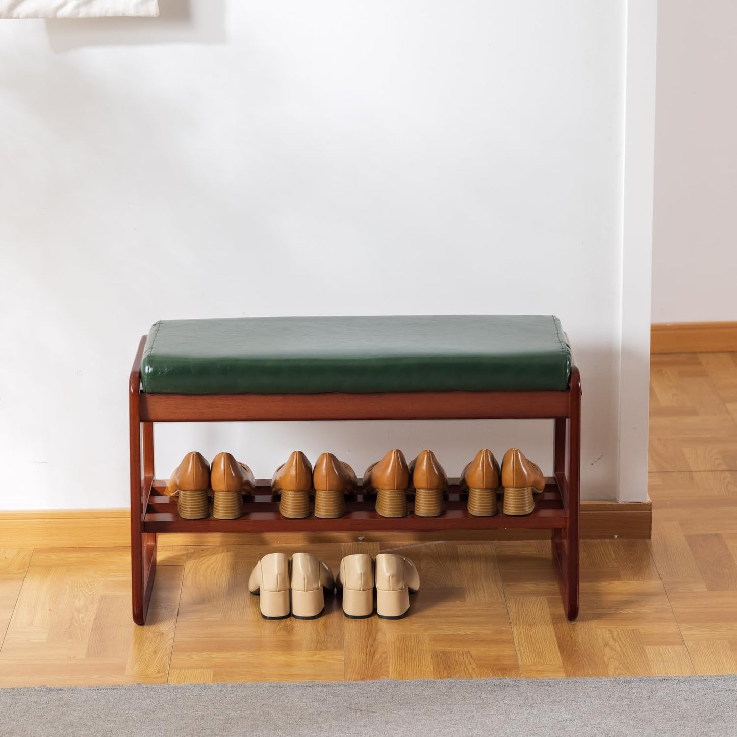 latifolia Solid Wood Bench, Entryway Shoe Bench with Cushion, 2 Tier Shoe Storage Organizer for Hallway, Living Room(Green,31.50''L)