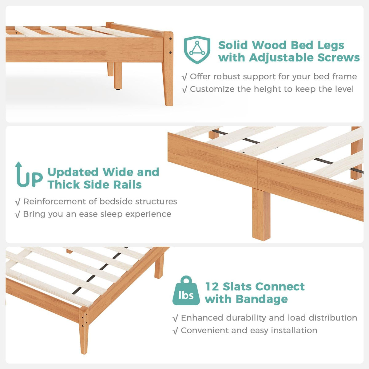 MORDEER Solid Wood King Size Bed Frame with Ladder Headboard, Malaysian Oak Platform Bed Frame, Modern Bedframe with Wooden Slats, No Box Spring Needed, Easy Assembly, King Size, Rustic Pine